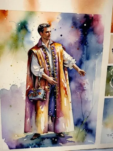 Театральный костюм,a picture of a man wearing an orange and purple outfit,watercolor painting,watercolors,watercolor background,watercolor,watercolor sketch,water color
