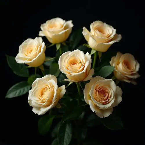 Create a stunning still-life composition featuring six elegant cream-colored roses in full bloom. Arrange the roses with lush green leaves against a dark background to highlight their delicate petals 
