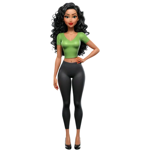Create only high resolution images, pixar 3d, 4k, character sheet style, like a paper doll, A pose style. She must be wearing shiny black lycra leggings, a green cropped top t-shirt with a V-neck. On 