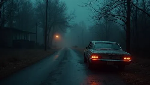 halloween random scene from horror movie,old car,the cars headlights shine brightly as they sit in front of a house,moskvich,crewdson,fiat 130,friedkin,foggy,ghost car