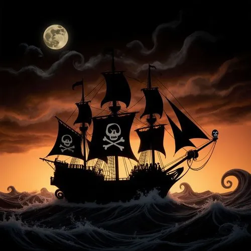 A gothic stop-motion fantasy scene inspired by The Nightmare Before Christmas, in vertical 2:3 composition, featuring a haunting pirate ship with towering black curling sails crossing a wild sea benea