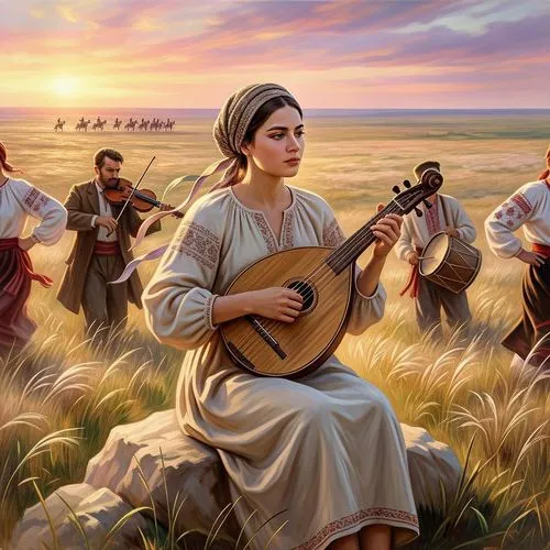A woman with light brown hair braided into a braid, wearing an off-the-shoulder cotton dress and a flower crown on her head. In the center of the image is a young Ukrainian woman, apparently in her ea