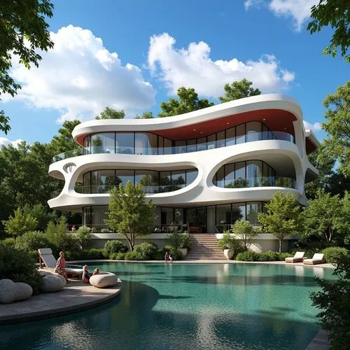 A breathtaking 3D render: an architectural marvel, a majestic white house with a red and white roof, rises above a beautiful blue sky. The house's intricate carvings add scale, while fluffy clouds add