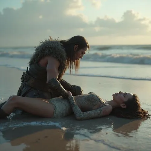 there is a young woman with her knees up next to an older women laying down on the beach,unbroken,video scene,shipwrecked,swath,handmaiden,vikings