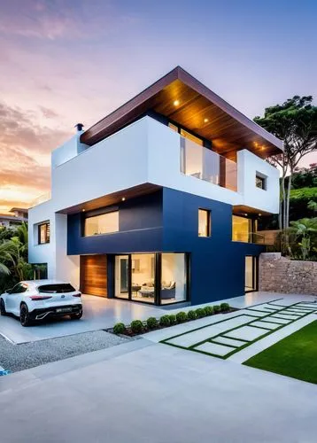 As the sun sets over a quiet suburban street, a magnificent house, its walls a deep brown, sits proudly in the corner. To the left, a spacious, spacious cabin with a wooden roof and a small garden set