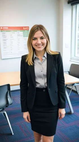 High quality photo, best face features: beautiful face, smart 23-year-old european female with a great satisfied smile, facing the camera and looking directly at it.,a woman in business attire standin
