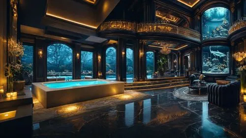 ВАННАЯ КОМНАТА С ДЖАКУЗИ И БАССЕЙНОМ ,a luxurious living room with candles lit and a large pool,luxury bathroom,luxury hotel,luxury home interior,opulently,opulent,luxury,luxurious,ornate room,mansion
