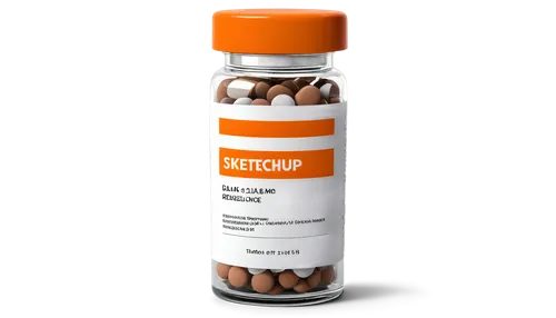 Pills, medicine, white background, transparent bottle, orange cap, brown label, detailed texture, glass material, round shape, studio lighting, macro shot, shallow depth of field, high contrast, vibra