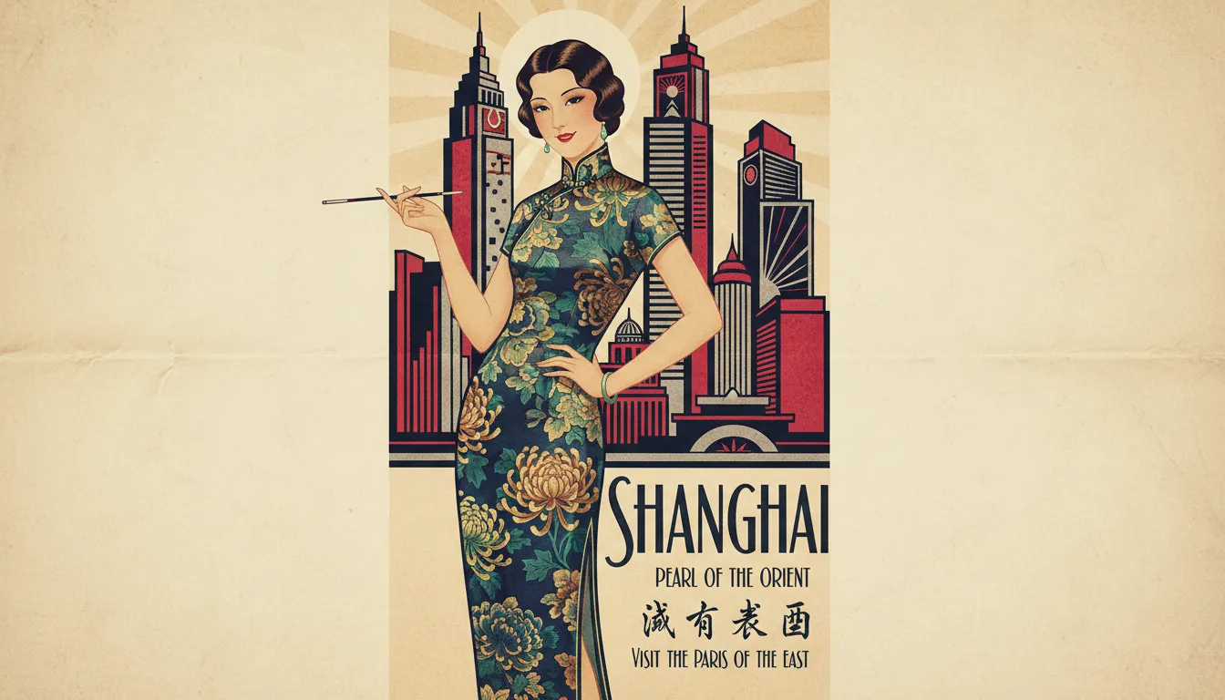 AI生成的1930年代上海风格海报，图中一位身着花卉旗袍的优雅女性，背景为装饰艺术风格的几何图案。