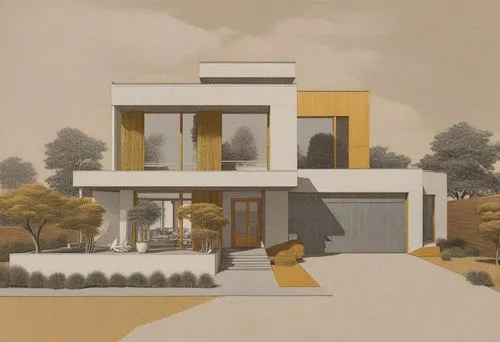 a drawing of a modern home with the living area in front,mid century house,house drawing,bauhaus,mid century modern,lasdun,modern house,mahdavi,eichler,eisenman,contemporary,villa,suburban,model house