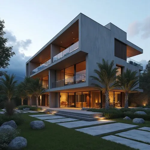 A hyper-realistic, high-resolution architectural photograph of a multi-level, contemporary luxury residence featuring a sleek, geometric design. The exterior is composed of smooth, matte charcoal-gray