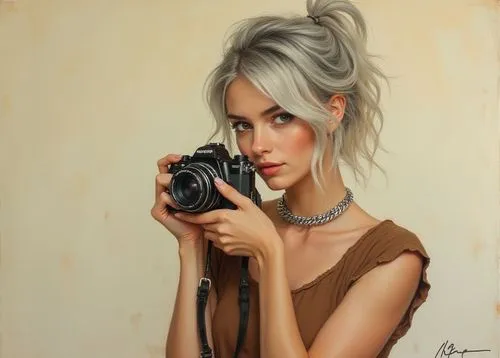 An airy, detailed oil painting of a woman's stunning beauty, highlighted by her graceful short hairstyle, her striking grey and white hair is styled against a simple, colourful background. She holds a