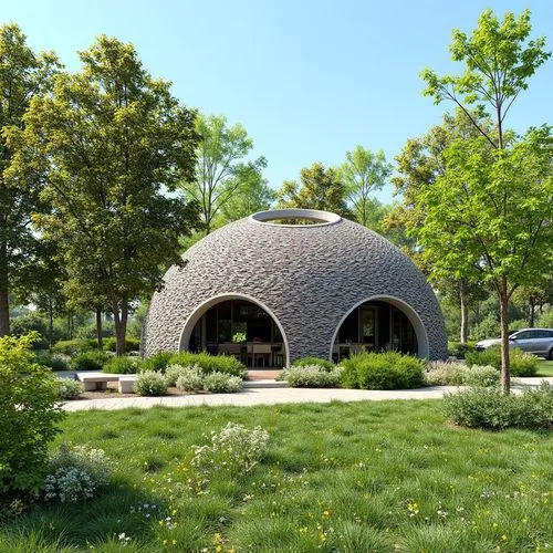 1. Forma general del domo:

Estructura semi ovalada con textura entrelazada en patrón de trenzado, hecha de concreto tipo concreto impreso en 3D. 100 mts2. máx. 10 metros de altura

El entorno es un p