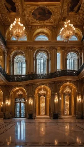 Grand, luxurious modern Baroque architecture, ornate golden decorations, intricate marble carvings, sweeping staircases, grandiose chandeliers, tall arched windows, ornamental fountains, lavish ballro