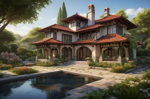 Mediterranean villa, Spanish-style mansion, modern minimalist house, Japanese pagoda-inspired roof, Victorian-era Gothic Revival details, Art Deco geometric patterns, rustic country cottage, sleek gla