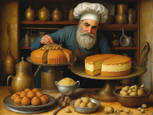 Craft a scene where a skilled baker uses cardamom to create a decadent dessert.,sufganiyah,persian norooz,iranian nowruz,cookery,dwarf cookin,ukrainian levkoy,kolach,bakery,semolina,iranian cuisine,ar