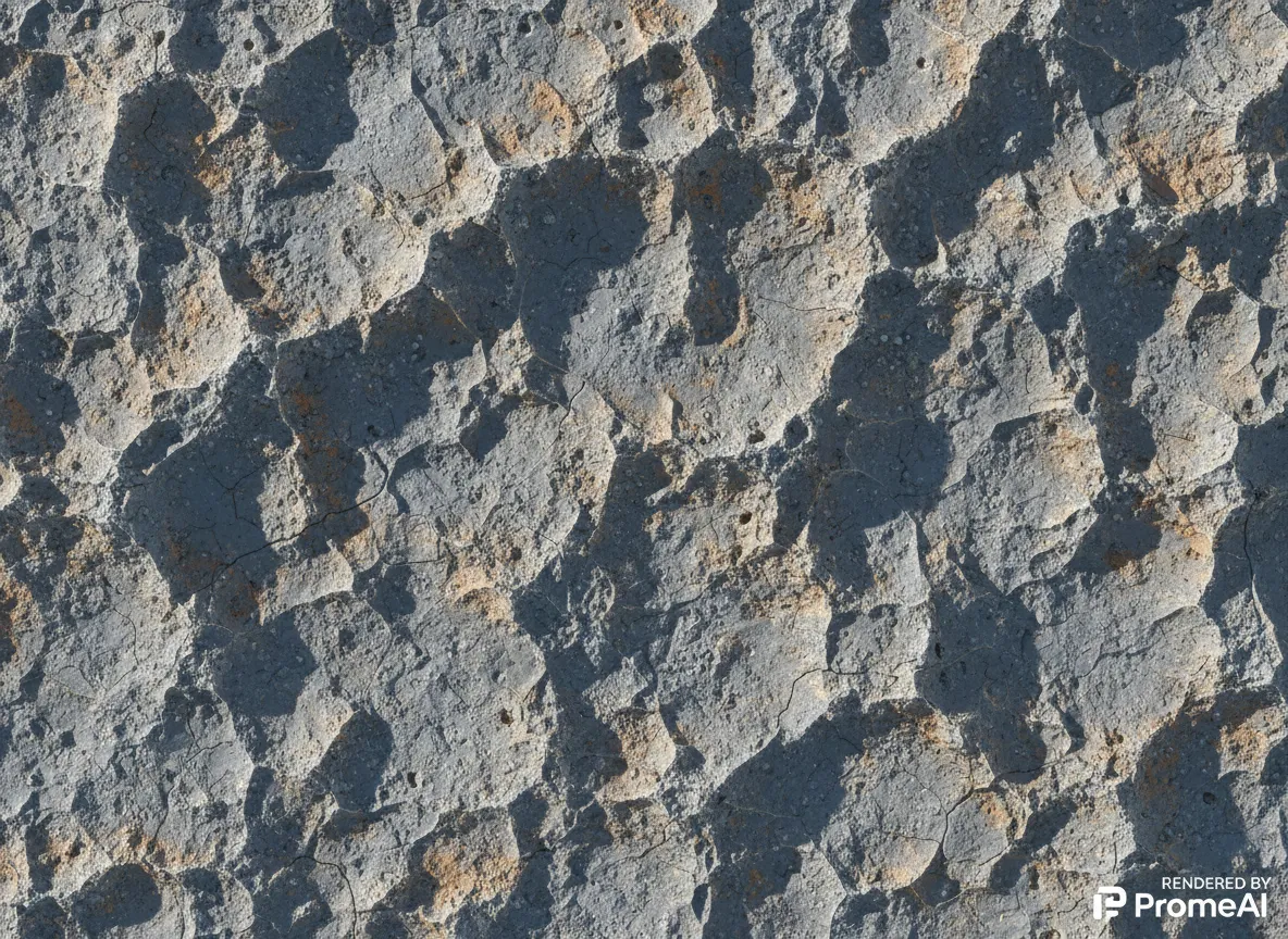Un primo piano di una texture di cemento grezzo generata dall'IA con dettagli complessi e ombre, che dimostra le capacità di rendering di PromeAI.