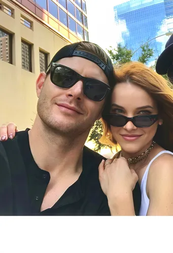 Jensen Ackles & Barbara Palvin, couple love,a man in black jacket and glasses next to a woman wearing white dress,undefined,redheads,beautiful couple,honeymooners,sunglasses,honeymoons,gingersnaps,hon