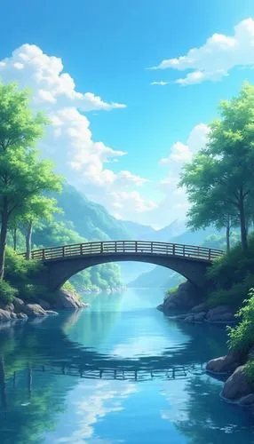 anime scenery of a bridge over a river with a sky background, beautiful anime scenery, anime landscape wallpaper, anime scenery, anime nature, anime nature wallpap, anime landscape, anime background a