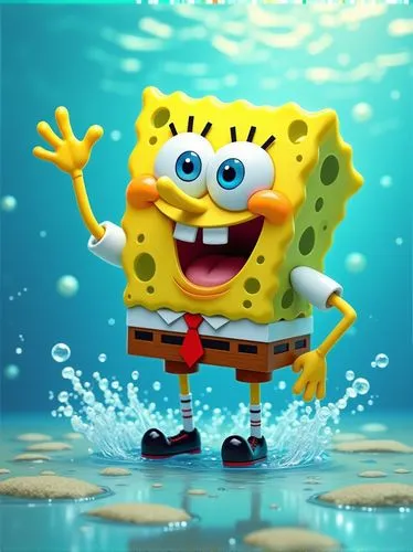 Generate a poster, SpongeBob SquarePants from the cartoon SpongeBob SquarePants, , Waving his left hand, A happy expression, Look ahead., Splashes of crystal water, Bright colors, Filming like a movie