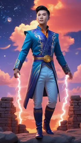 portrait shot man vivid quirky high fashion lightning portrait illusory landscape firey sunset range of colors standing on the edge of ancient ruins at earthrise starry skies before heaven astral phot