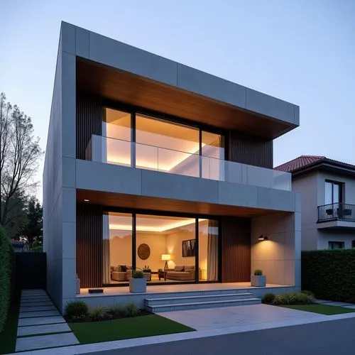  A sleek, photorealistic digital illustration or CGI render in a modern, minimalist style, depicting a two-story luxury home at dusk or early evening in a suburban neighborhood, illuminated by warm, g