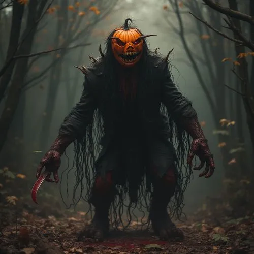 random monster,pumpkin,scary,black,blood,knive,an image of a halloween pumpkin that is dressed up for the night,pumpkinhead,it,scaretta,halloween and horror,jack o'lantern,jack o' lantern