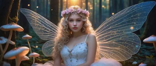 Fairy tale OC, sparkly wings, delicate features, bright blue eyes, curly blonde hair, flower crown, soft pink lips, gentle smile, slender figure, flowing white dress, intricate lace details, glitterin