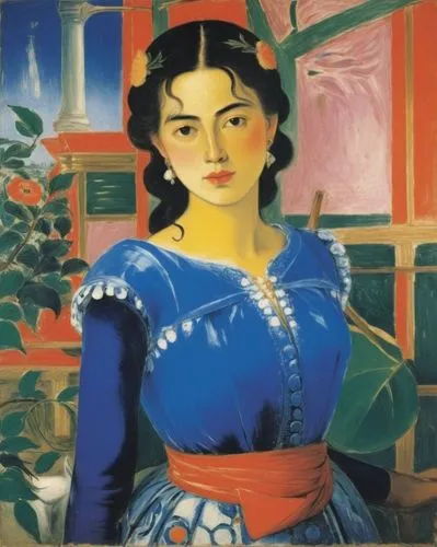 the painting depicts a young woman in blue holding a cigarette,portrait of a woman,portrait of a girl,geisha,jasmine blue,woman sitting,jasmine,fauvist,geisha girl,maiolica,jasmine blossom,young woman