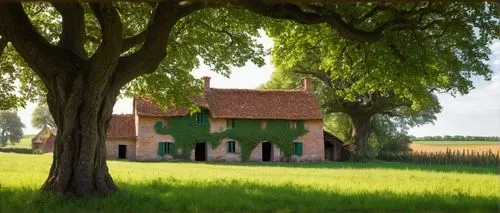 Rural farm, traditional European style, red brick walls, green tile roofs, wooden doors, ornate carvings, vines crawling up walls, surrounding lush green pastures, scattered hay bundles, old oak tree 