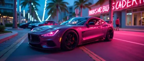 miami beach,cyberpunk car,a purple and black sports car parked in front of a el,south beach,light trails,outrun,night lights,night shot,light trail,neon,photo session at night,colored lights,riviera,n