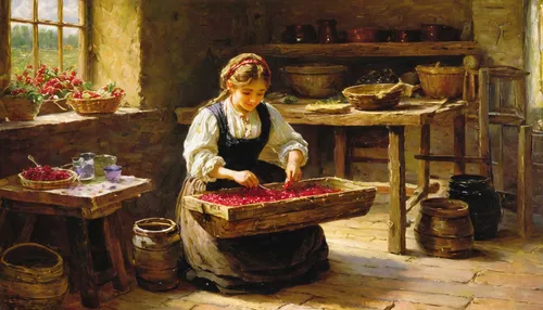 """Making Jam"" by Vladimir Egorovic Makovsky, 1876",girl in the kitchen,girl picking apples,picking vegetables in early spring,girl picking flowers,basket maker,basket weaver,girl with bread-and-butt