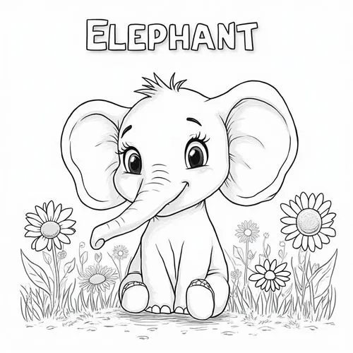 {
  "prompt": "Create a detailed black-and-white line drawing of a friendly elephant in a garden setting for a coloring book. The elephant should be the central focus, depicted with large floppy ears 