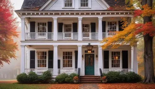 New England colonial architecture, historic, wooden, white painted facade, steeply pitched roof, multi-paned windows, ornate doorways, rustic wooden shutters, classic columns, symmetrical composition,