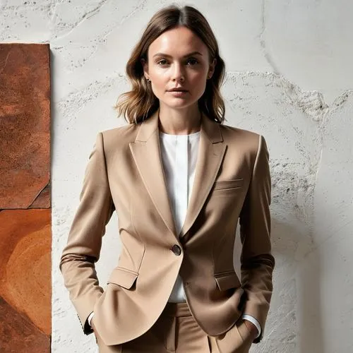 a woman in a tan jacket and pants stands next to a wooden slab,menswear for women,maxmara,woman in menswear,overcoats,brown fabric,lapels,blazer,overcoat,pantsuits,navy suit,shirtdresses,pantsuit,giad