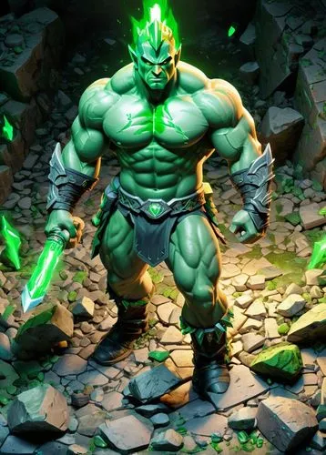 Criar guerreiro muito forte, sem camisa, com muita raiva, olhos com brilho intenso na cor verde, braços carregados de energia em verde, chão com entulhos e pedras,a computer generated image of the hul