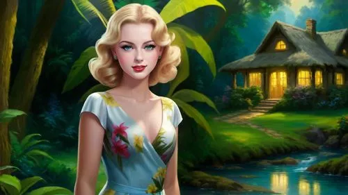 Romantic masterpiece oil painting, beautiful girl portrait, nostalgic 1950's style kitsch, vibrant rainforest landscape, lush tropical jungle paradise, beautiful natural scenery, lost wilderness cotta