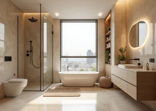 
A modern and elegant bathroom with a warm, earthy aesthetic, featuring walls and floors clad in polished beige marble with subtle natural veining, creating a seamless and luxurious look, the room is 