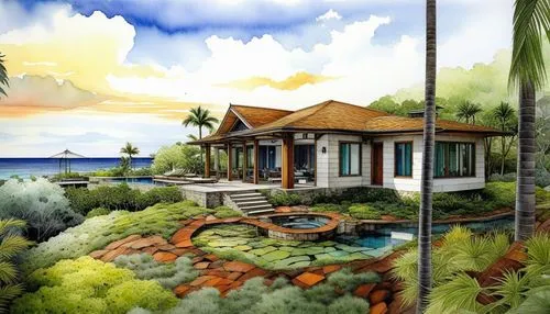 a painting of a cottage in the distance,tropical house,holiday villa,home landscape,tropical island,bungalows,landscaped,beach house,java island,oceanfront,beach resort,landscape background,house with