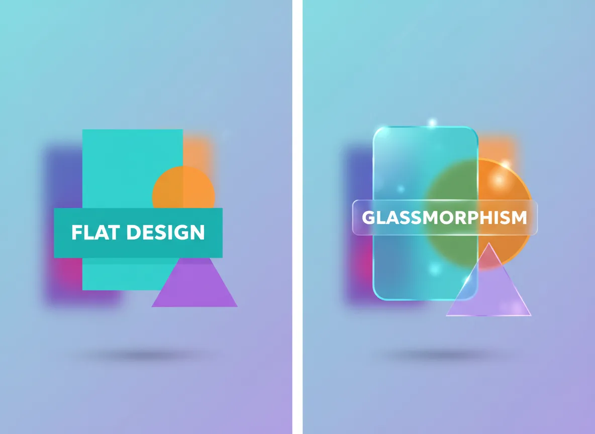 एक फ्लैट डिज़ाइन को यथार्थवादी गहराई और छाया के साथ 3D ग्लासमॉर्फिज्म डिज़ाइन में बदलते हुए साइड-बाय-साइड तुलना।