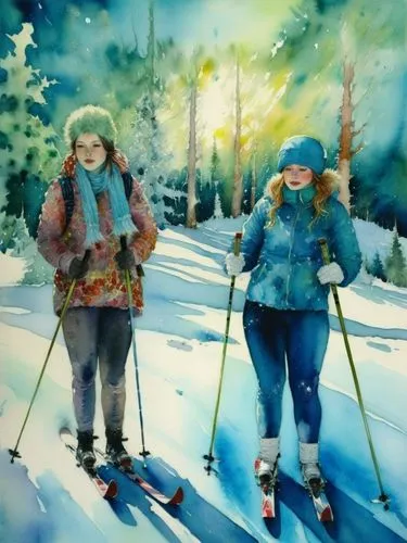 Лыжники,a painting of two women skiing on a mountain,skiers,skiing,cross country skiing,snowboarders,snowshoeing,ski race