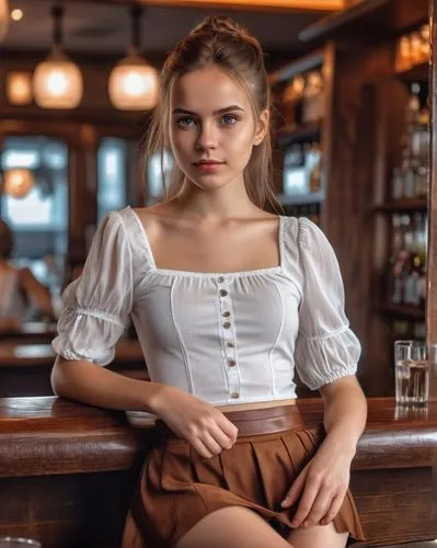 a girl is sitting at the bar with a glass of water, dressed in a white top and a brown skirt.,barmaid,woman at cafe,waitress,barista,girl in t-shirt,unique bar,bartender,country dress,girl in white dr