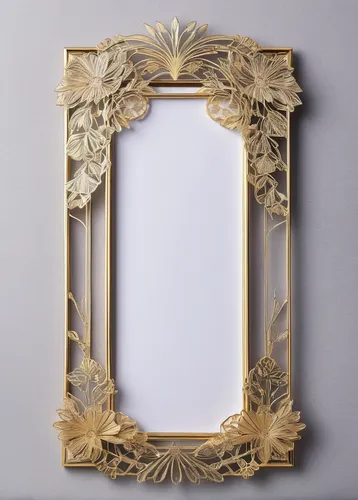 Craft a delicate and intricate gold foil art deco frame for a lavish wedding reception.,gold foil art deco frame,gold stucco frame,decorative frame,floral silhouette frame,floral and bird frame,floral