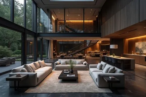 Italian Modern interior design in the style of aesthetics, Poliform Furniture style，Premium and Luxury， Exquisite, modern， large windows， The living room is adorned with elegant sofa sets, Large space
