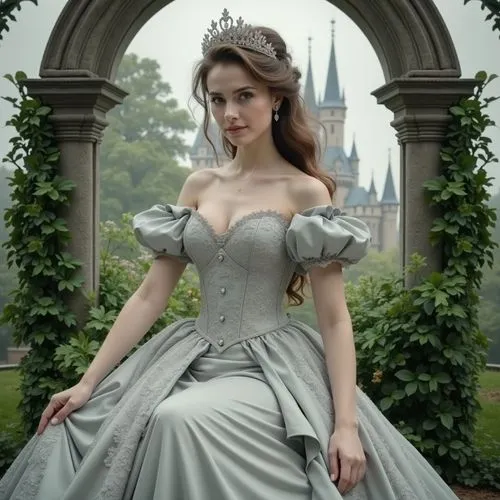 A photo-realistic shoot from a frontal camera angle about a beautiful woman in a silver wedding dress sitting elegantly in an archway surrounded by greenery, with a castle in the background. on the mi