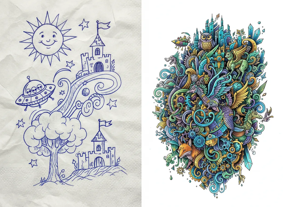 Un confronto fianco a fianco che mostra un semplice scarabocchio disegnato a mano a sinistra e un'opera di Doodle Art digitale pulita e altamente dettagliata a destra.