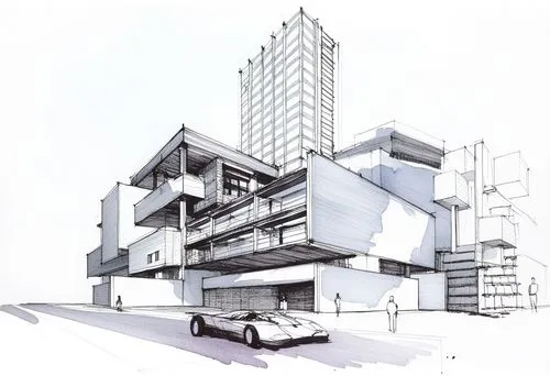 a sketch of a house with a car in front,lasdun,archigram,unbuilt,sketchup,revit,kirrarchitecture