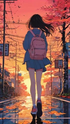 The sunset is glow, the street scene is slightly dim, the drizzle is thick, the girl's back is gradually revealed, the branches and leaves are falling, walking alone on the road.,girl walking away,wal