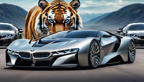 the tiger is looking at a futuristic car,bmw i8 roadster,bmw m,bmws,bmw m4,maclaren,bmw motorsport,bmw z4,super cars,supercars,mpower,luxury sports car,super car,beemer,vitesse,american sportscar,game