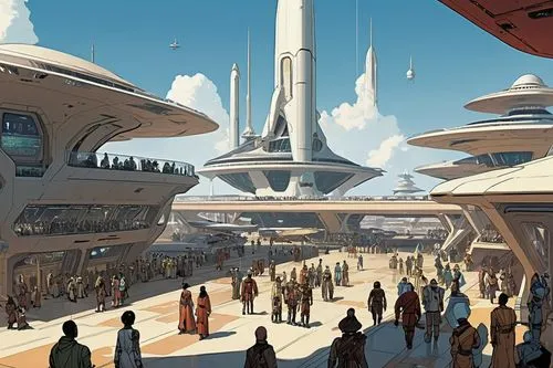  Game Scene, Wild angle view,futuristic architecture,futuristic landscape,spaceport,coruscant,ringworld,futuristic art museum,arcology,sci fiction illustration,cardassia,sedensky,mcquarrie,homeworlds,